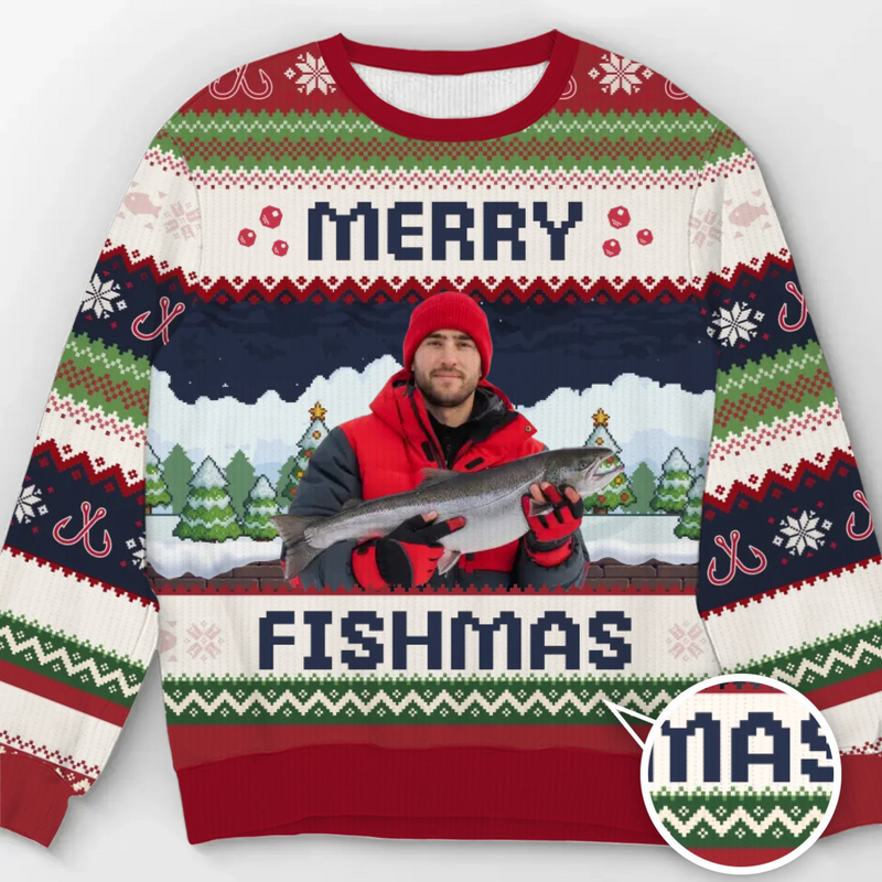 Custom Photo Unisex Ugly Sweatshirt - Personalized  Christmas Birthday Fishing Gifts For Fisherman - This Fishmas, I’m The Real Catch