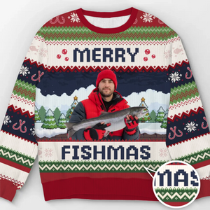 Custom Photo Unisex Ugly Sweatshirt - Personalized  Christmas Birthday Fishing Gifts For Fisherman - This Fishmas, I’m The Real Catch
