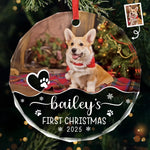Custom Photo First Christmas Pet Glass Ornament - Personalized Christmas Birthday Gifts For Dog Lovers, Cat Lovers, Pet Dad And Mom, New Pet Ornament - Santa’s New Pup Helper