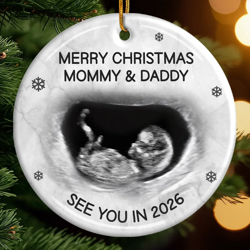 Custom Photo Ceramic Ornament - Personalized Christmas Baby Shower, Gender Reveal Gifts For New Moms, New Dads, New Parents - A Little Elf Arriving Soon