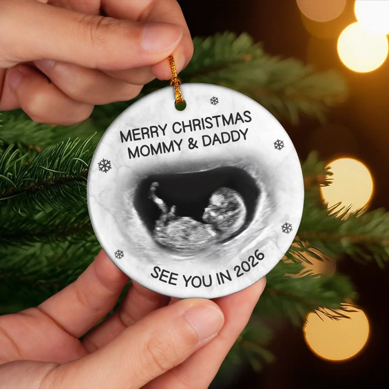 Custom Photo Ceramic Ornament - Personalized Christmas Baby Shower, Gender Reveal Gifts For New Moms, New Dads, New Parents - A Little Elf Arriving Soon