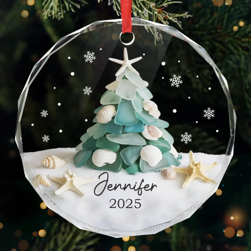 Custom Sea Glass Circle Glass Ornament - Personalized Christmas Birthday Gifts For Mom, Dad, Brother, Sister, Kids, Beach Lovers - Coastal Christmas Magic