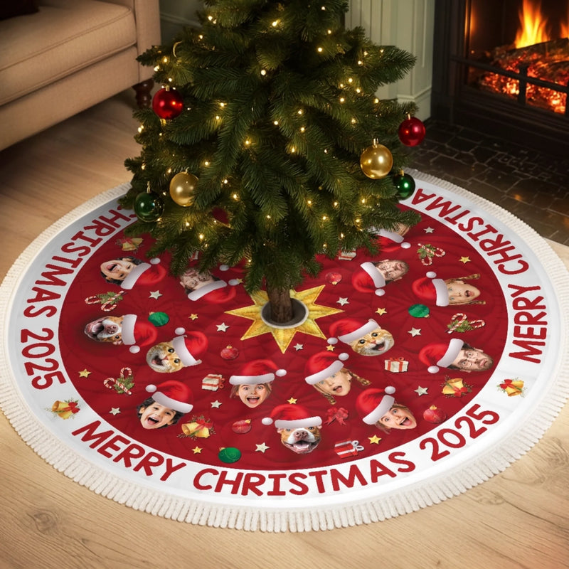 Custom Photo Tree Skirt - Personalized Christmas Birthday Gifts For Family, Dog Cat Lovers - Festive Faces, Furry Places