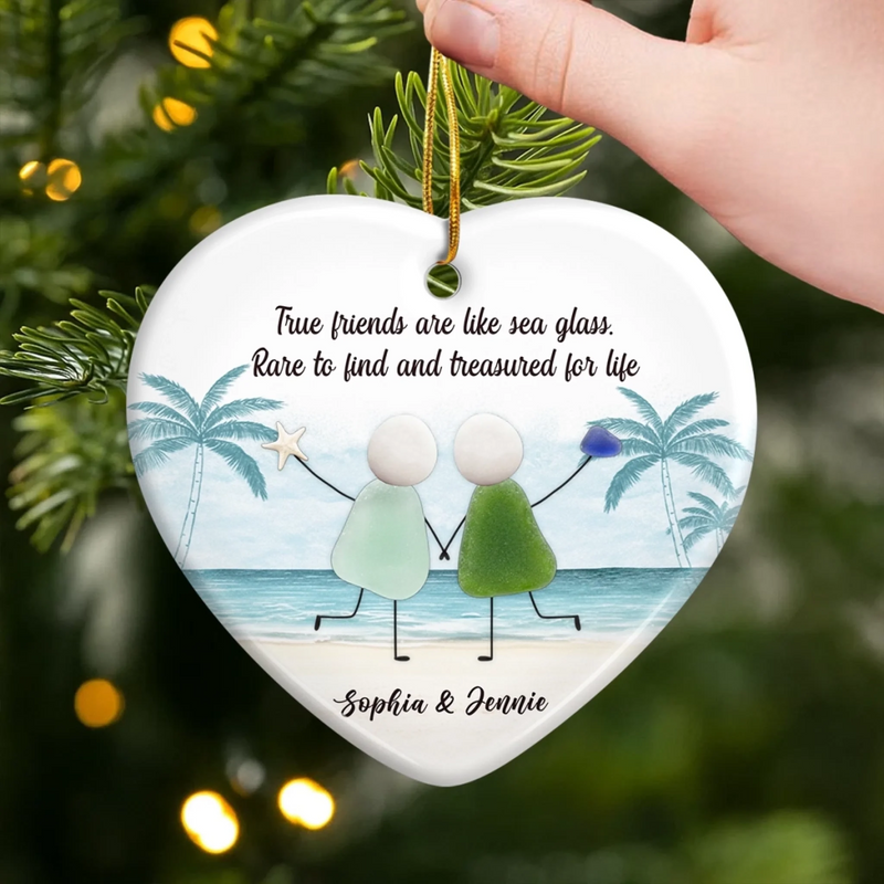 Custom Sea Glass Ceramic Ornament - Personalized Best Friend Christmas Birthday Gifts For Women, Besties, Sisters, BFF, Beach Lovers - Joy Flows Like Waves
