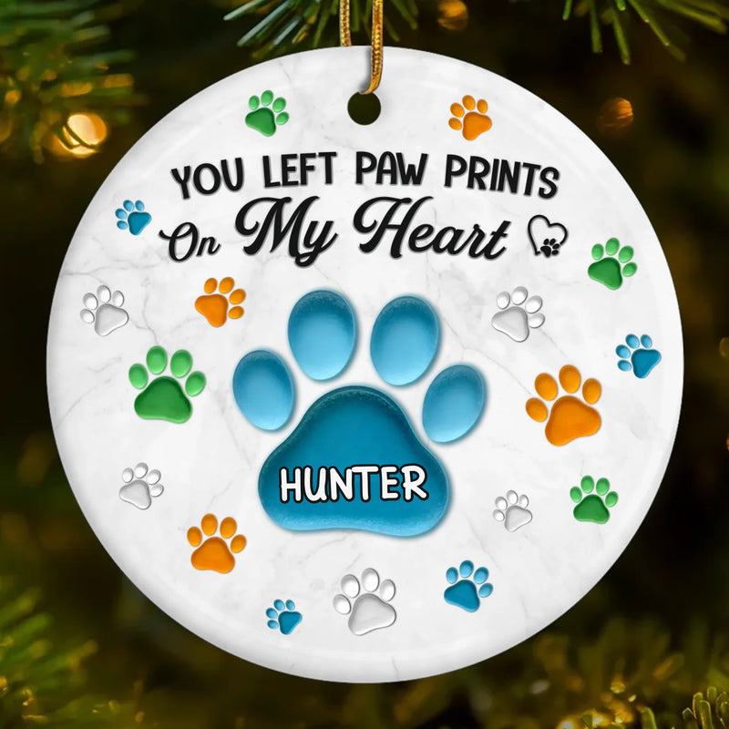 Custom Ceramic Ornament - Personalized Pet Christmas Memorial Sympathy Gifts For Dogs, Cats - Pawprints Etched On My Heart