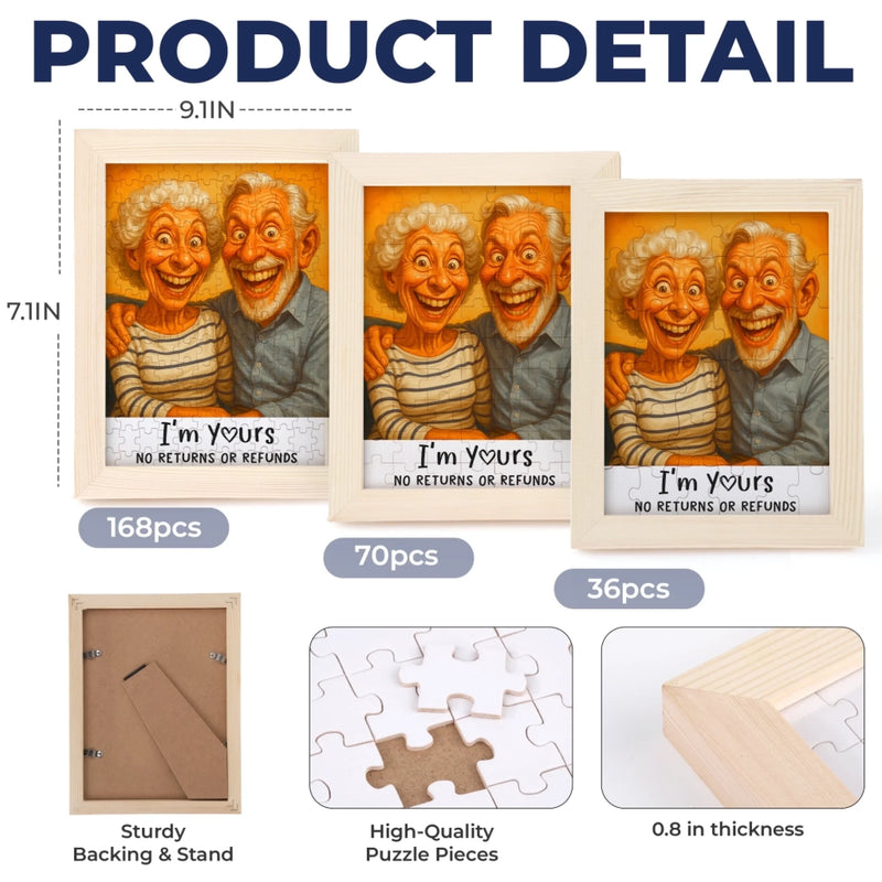 Custom Photo Funny Caricature Puzzle With Wooden Frame - Personalized Anniversary Wedding Gifts For Husband, Wife, Couple - Stuck With Me, Lucky You