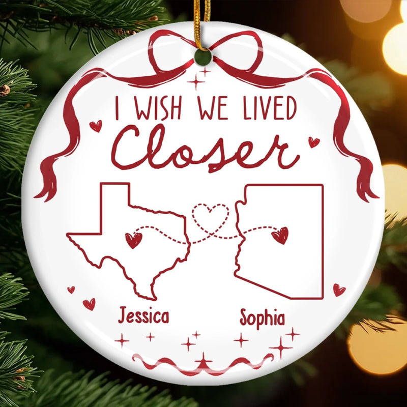 Custom Long Distance Ceramic Ornament - Personalized Best Friend Christmas Birthday Gifts For Women, Besties, Sisters, BFF - Hearts Connected Across The Miles