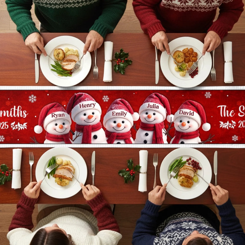 Custom Snowman Table Runner - Personalized Christmas Birthday Gifts For Mom, Dad, Brother, Sister, Kids - Joy Wrapped Around Our Hearts
