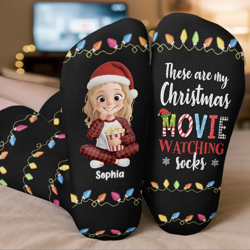 Custom Crew Socks - Personalized Christmas Birthday Gifts For Women, Men - Movie Time, Holiday Edition