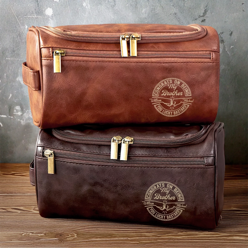 Custom Engraved Leather Toiletry Bag - Personalized Birthday Gifts For Brother - Made For Your Journey