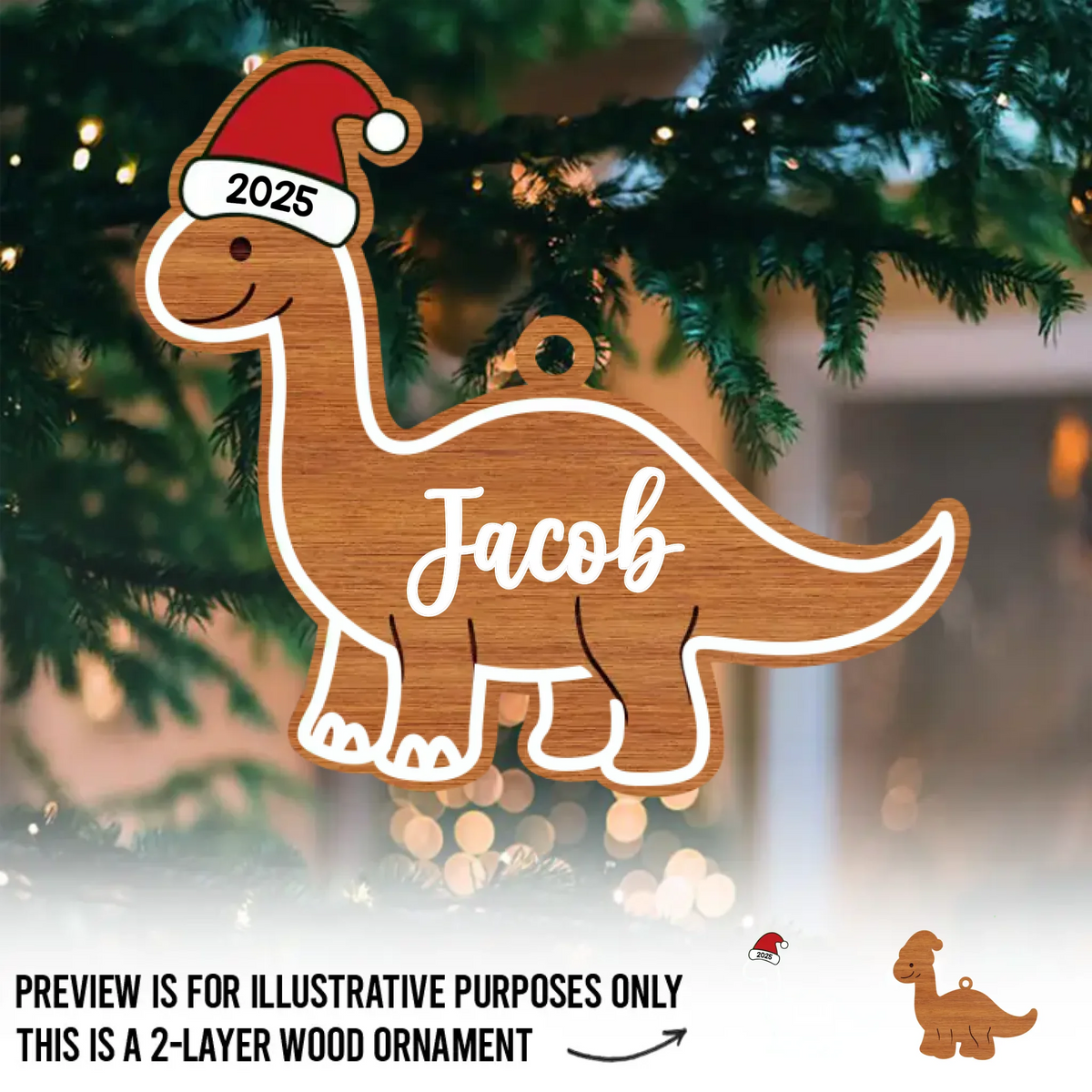 Custom Dinosaur Double Layer Wooden Ornament - Personalized Christmas Birthday Gifts For Mom, Dad, Brother, Sister, Kids - Dino Spreading Christmas Cheer