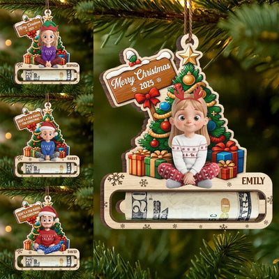 Custom Wooden Money Holder Ornament - Personalized Christmas Birthday Gifts For Kids - Little Elves Big Smiles