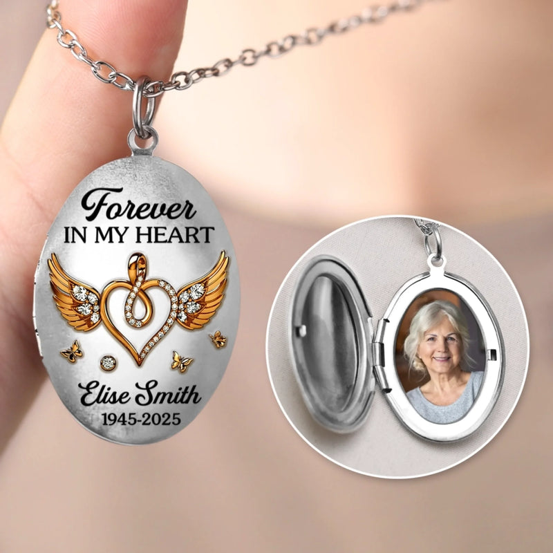 Custom Photo Locket Necklace - Personalized Memorial Sympathy Gifts For Loss Of Mom, Dad - Forever In Our Hearts