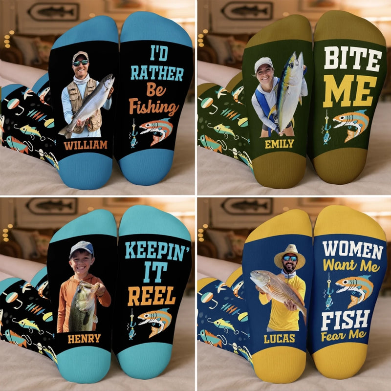 Custom Photo Crew Socks - Personalized Christmas Birthday Fishing Gifts For Fisherman - Professional Line Caster