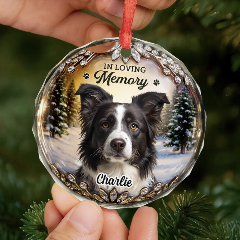 Custom Photo Circle Glass Ornament - Personalized Pet Christmas Memorial Sympathy Gifts For Dogs, Cats - Warm Memories Forever Loved