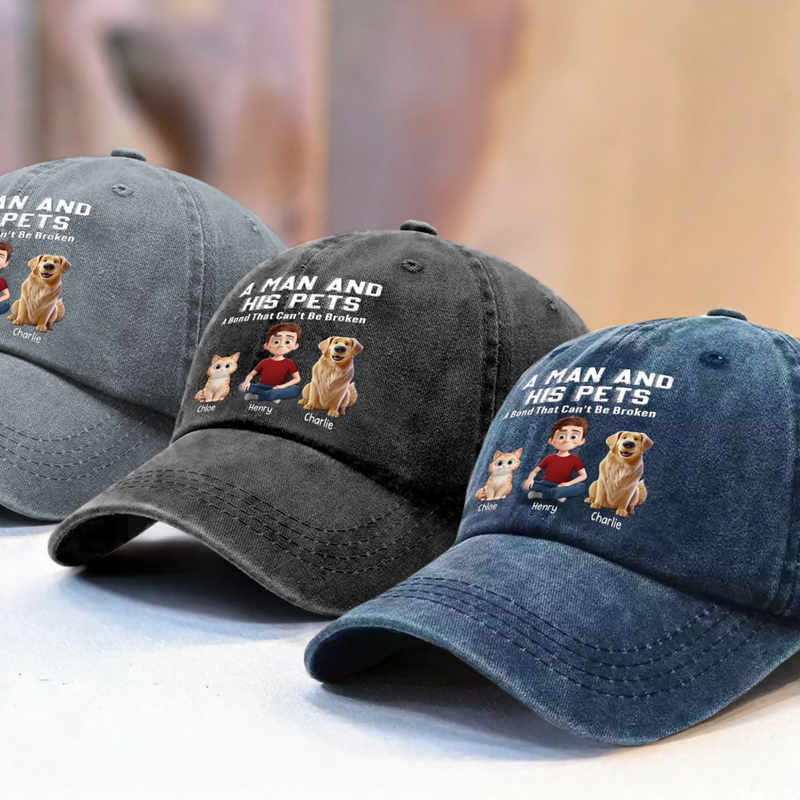 Custom Vintage Washed Denim Baseball Cap US - Personalized Birthday Gifts For Dog Cat Lovers, Dog Dad And Mom, Cat Owners - A Man And His Squad
