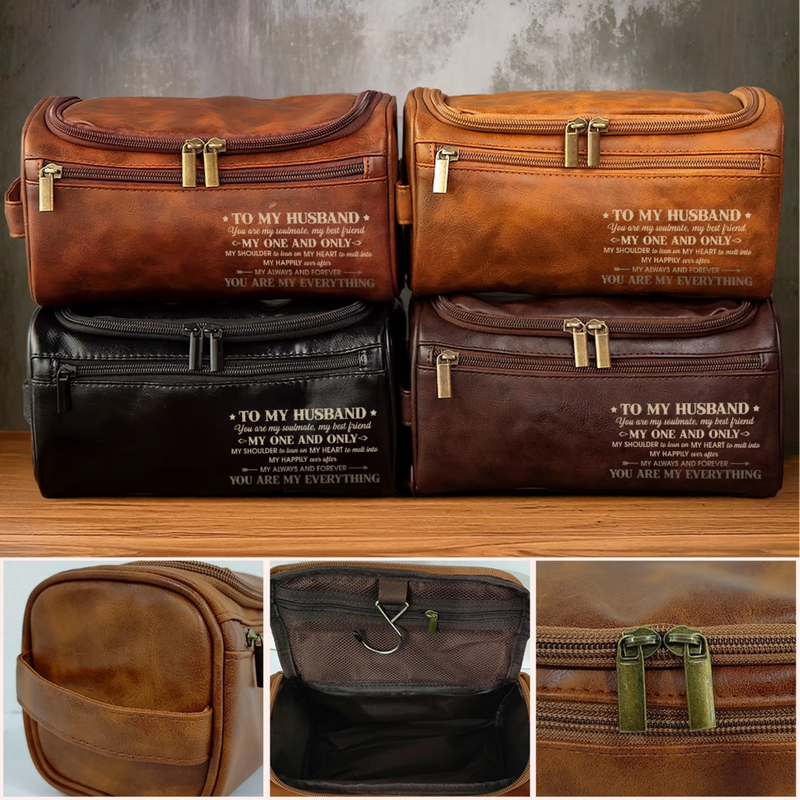 Custom Engraved Leather Toiletry Bag - Personalized Birthday Gifts For Husband - With You Life Feels Right