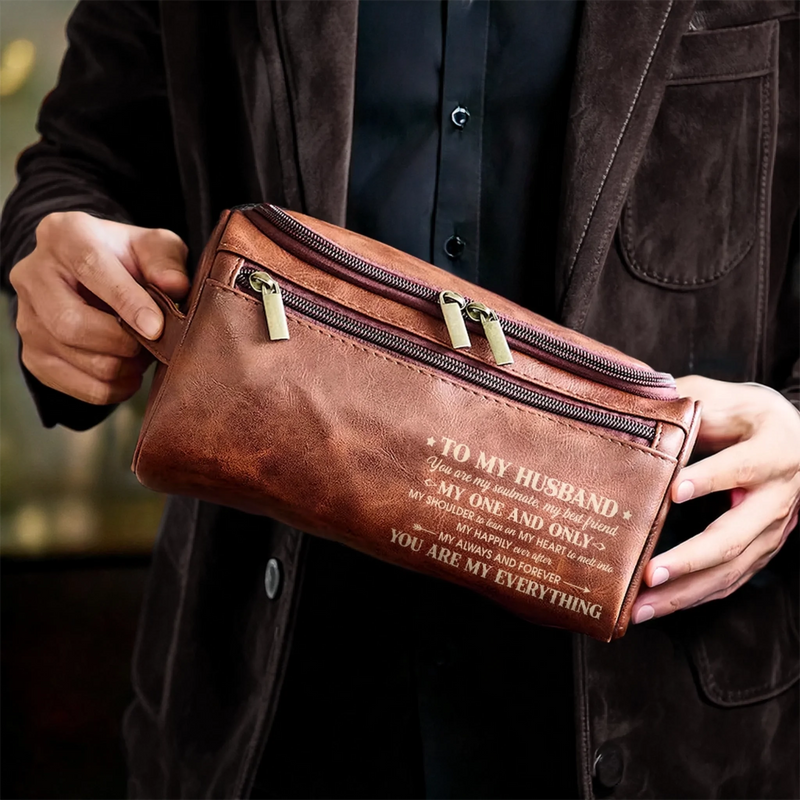 Custom Engraved Leather Toiletry Bag - Personalized Birthday Gifts For Husband - With You Life Feels Right