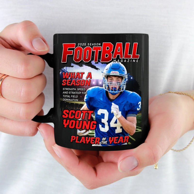 Custom Photo Magazine Black Mug - Personalized Christmas Birthday American Football Gifts For Football Lovers, Sports Fans, Sports Lovers - Game On, Greatness In Motion