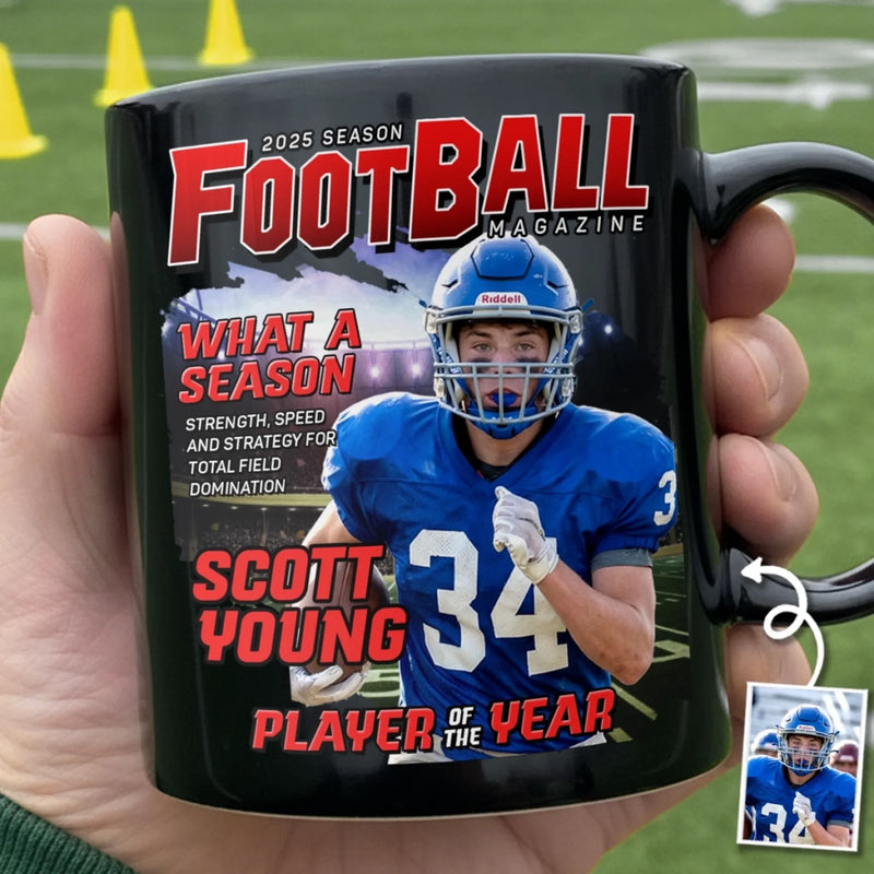 Custom Photo Magazine Black Mug - Personalized Christmas Birthday American Football Gifts For Football Lovers, Sports Fans, Sports Lovers - Game On, Greatness In Motion