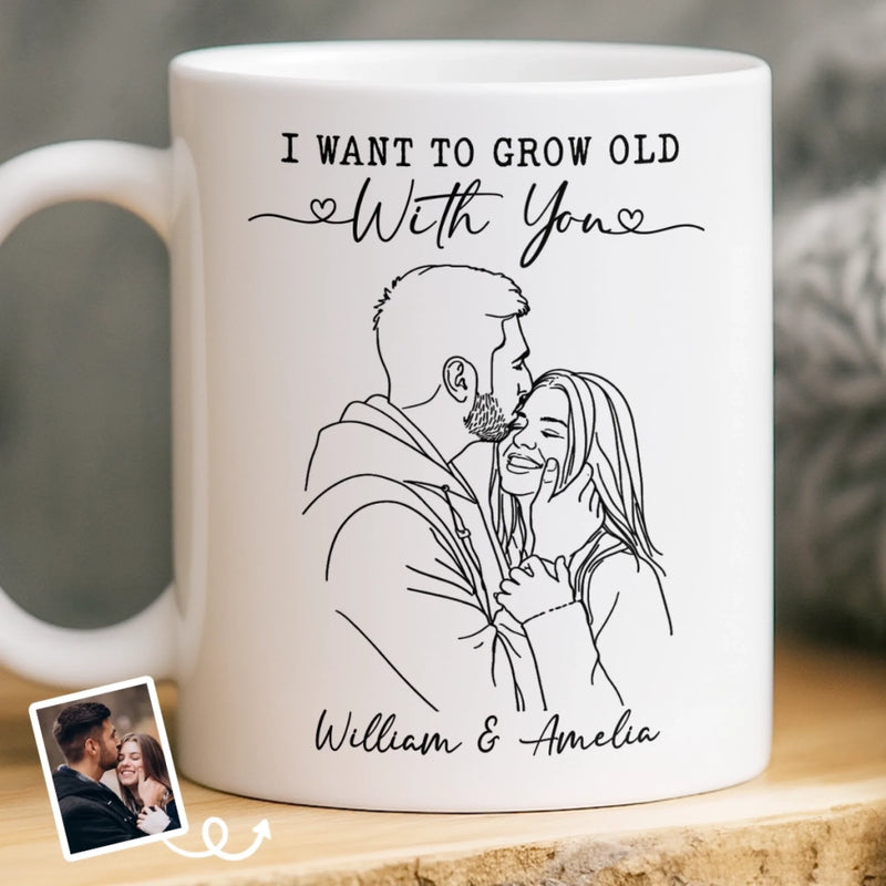 Custom Photo Mug - Personalized Anniversary Wedding Gifts For Husband And Wife, Him And Her - Growing Old Side By Side