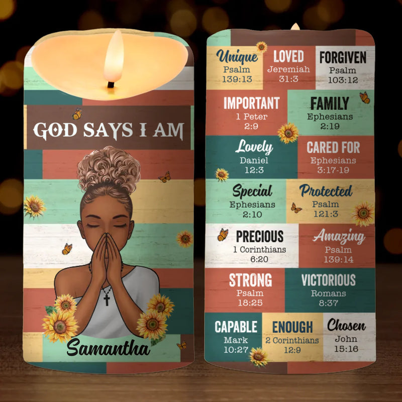 God Says I Am - Personalized Custom LED Candle - Gift For Family Members