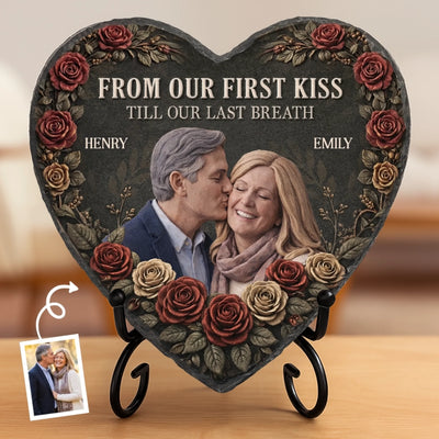 Custom Photo Heart Shaped Stone With Stand - Personalized Anniversary Wedding Gifts For Husband And Wife, Him And Her - Love Carried Us Through Life