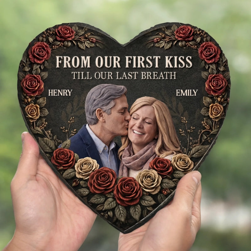 Custom Photo Heart Shaped Stone With Stand - Personalized Anniversary Wedding Gifts For Husband And Wife, Him And Her - Love Carried Us Through Life
