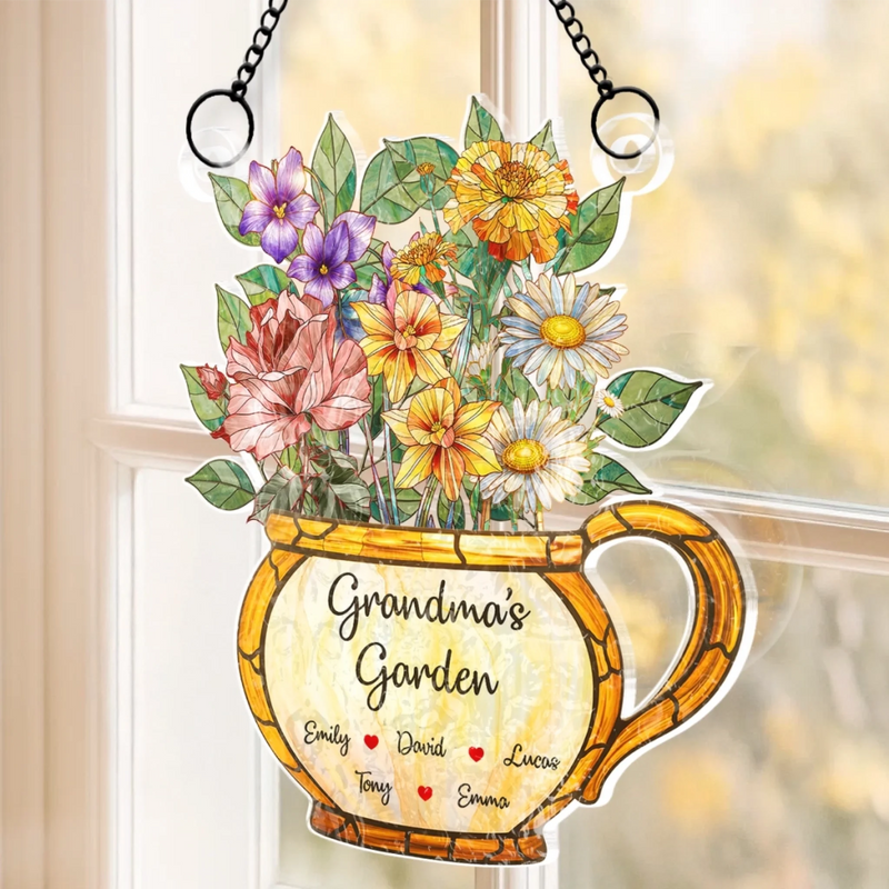 Custom Wavy Acrylic Window Suncatcher - Personalized Mother's Day Birthday Gifts For Mom, Grandma - Love Planted, Memories Bloom