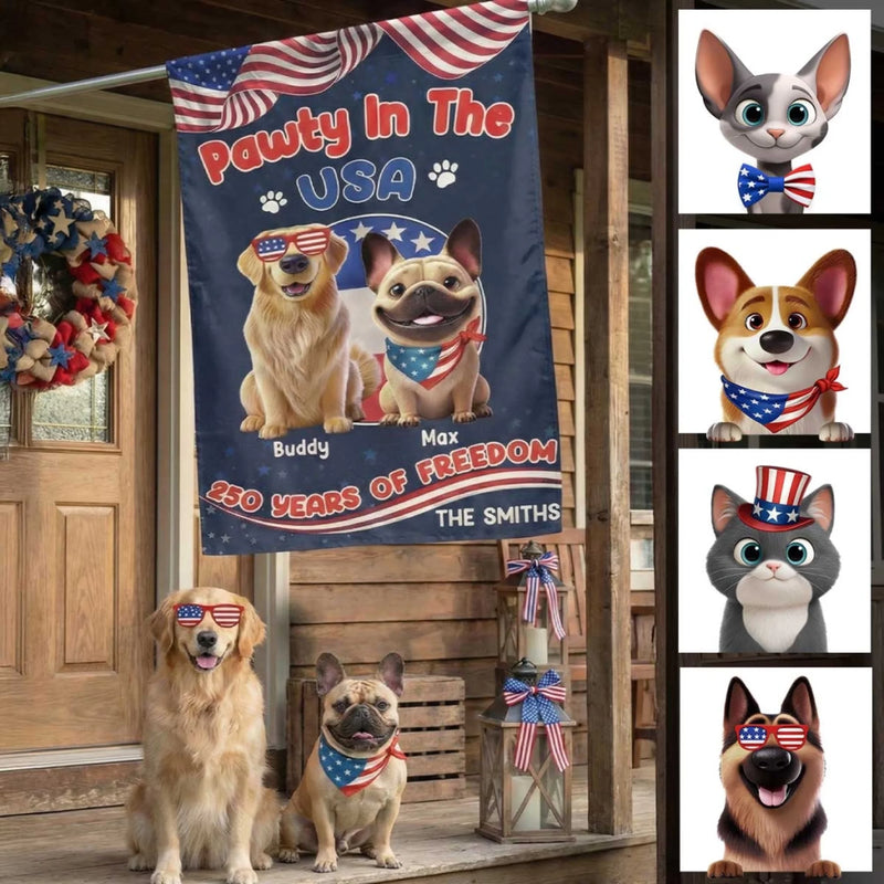Custom Flag - Personalized America 250th Anniversary Gifts For Dog Cat Lovers, Dog Dad And Mom, Cat Owners - Pawty In The USA