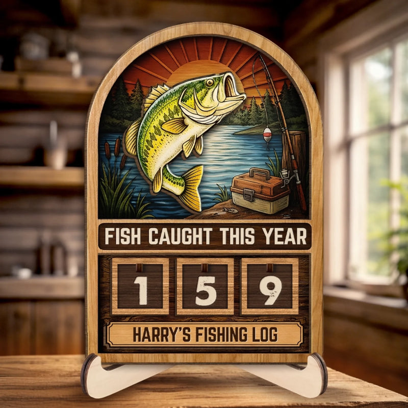 Custom Wooden Tracker Sign - Personalized Birthday Fishing Gifts For Fisherman - Total Fish Caught