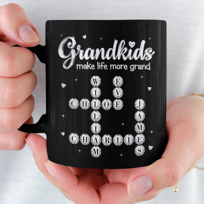 Custom Scrabble Black Mug - Personalized Mother's Day Birthday Gifts For Mom, Grandma - Happiness Is Grandkids