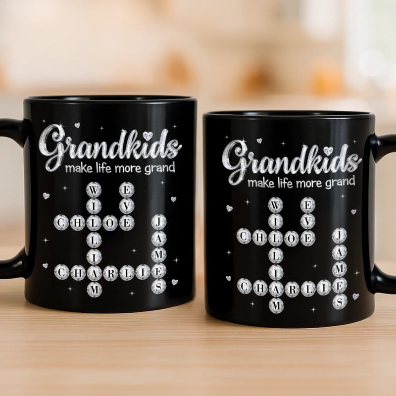 Custom Scrabble Black Mug - Personalized Mother's Day Birthday Gifts For Mom, Grandma - Happiness Is Grandkids