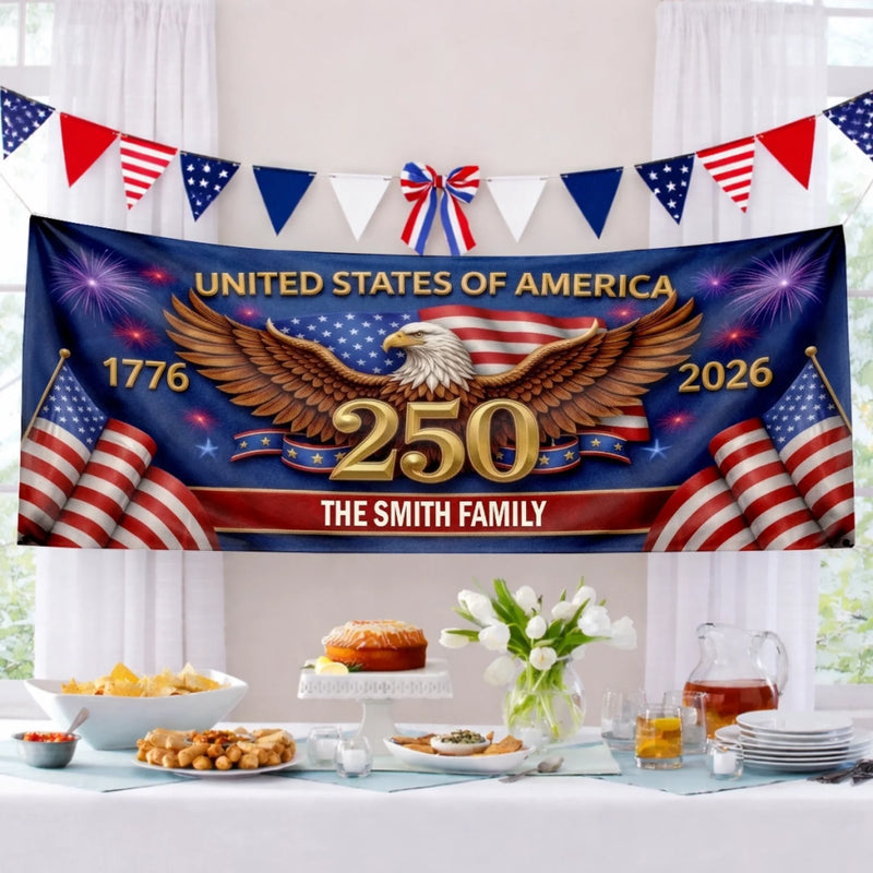 Custom Polyester Outdoor Banner - Personalized America 250th Anniversary Gifts For Mom, Dad, Brother, Sister, Kids - Freedom Carries Us Forward
