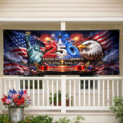 Custom Polyester Outdoor Banner - Personalized America 250th Anniversary Gifts For Mom, Dad, Brother, Sister, Kids - Strong As One