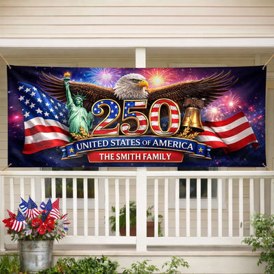 Custom Polyester Outdoor Banner - Personalized America 250th Anniversary Gifts For Mom, Dad, Brother, Sister, Kids - Freedom Starts At Home
