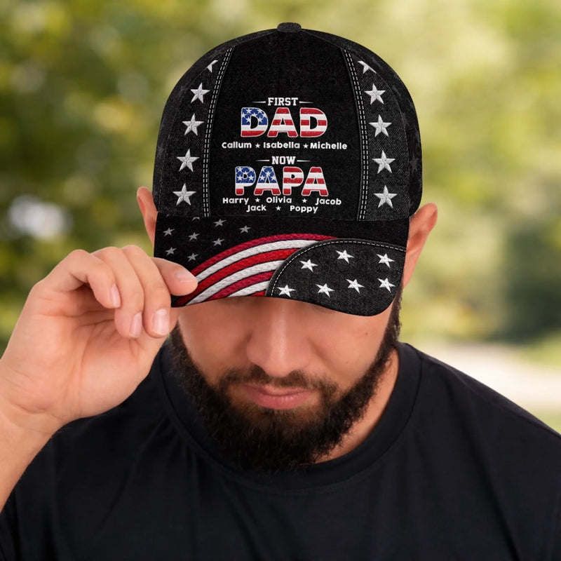 Custom Hat, All Over Print Classic Cap - Personalized America 250th Anniversary Father's Day Birthday Gifts For Dad, Grandpa - Promoted To Grandpa With Love