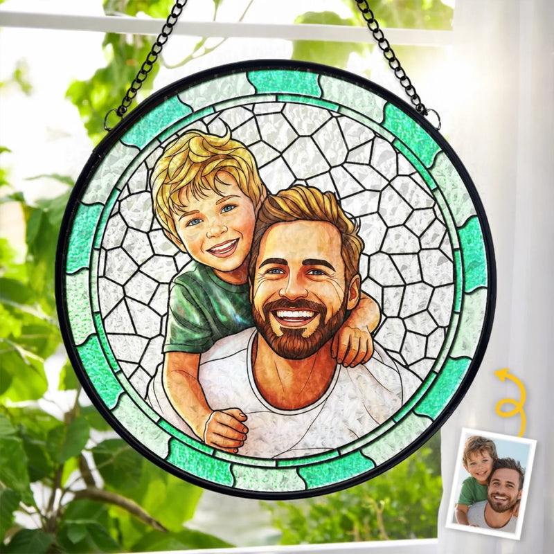 Custom Photo Stained Glass Window Hanging Suncatcher - Personalized Father's Day Birthday Gifts For Dad, Grandpa - Dad Always Leads With Love