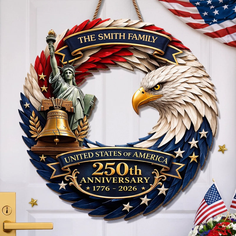 Custom Wood Sign - Personalized America 250th Anniversary Gifts For Mom, Dad, Brother, Sister, Kids - Eagle Patriotic