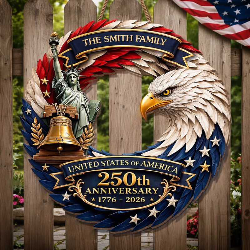 Custom Wood Sign - Personalized America 250th Anniversary Gifts For Mom, Dad, Brother, Sister, Kids - Eagle Patriotic