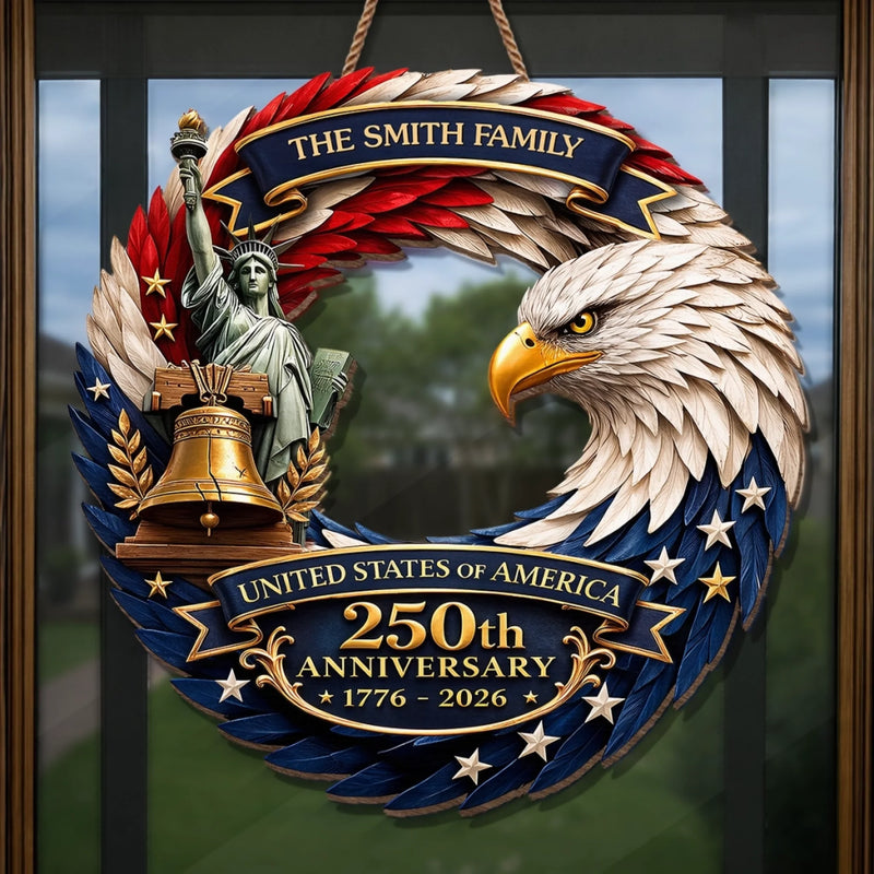 Custom Wood Sign - Personalized America 250th Anniversary Gifts For Mom, Dad, Brother, Sister, Kids - Eagle Patriotic