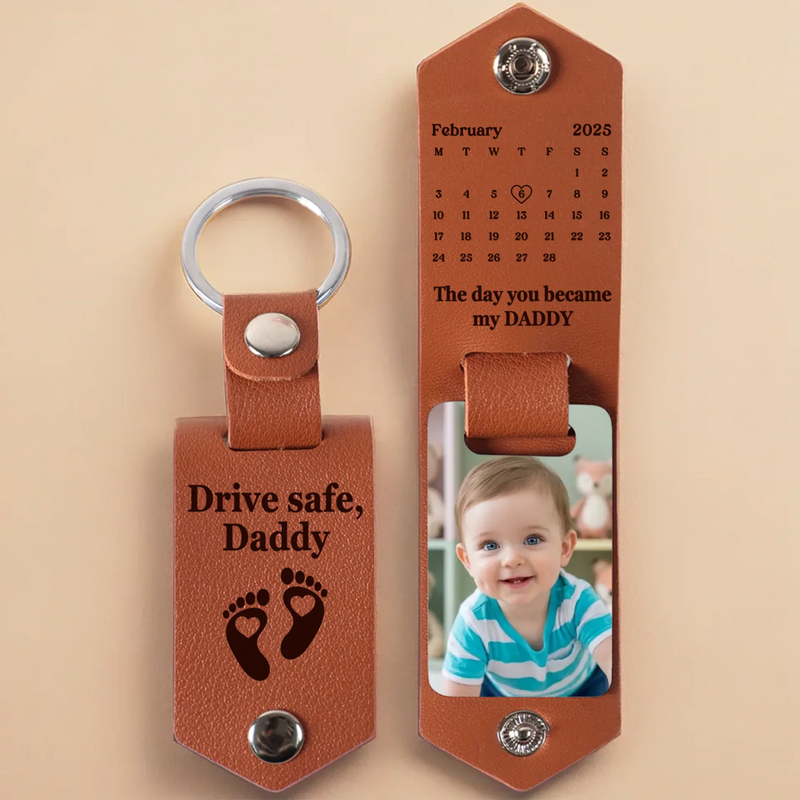 Custom Photo Engraved Leather Keychain - Personalized Baby Shower, Gender Reveal Gifts For New Moms, New Parents - Tiny Blessing Big Joy