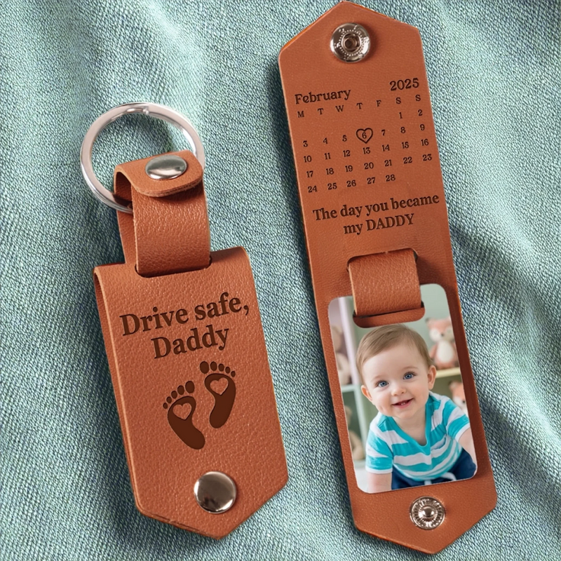 Custom Photo Engraved Leather Keychain - Personalized Baby Shower, Gender Reveal Gifts For New Moms, New Parents - Tiny Blessing Big Joy