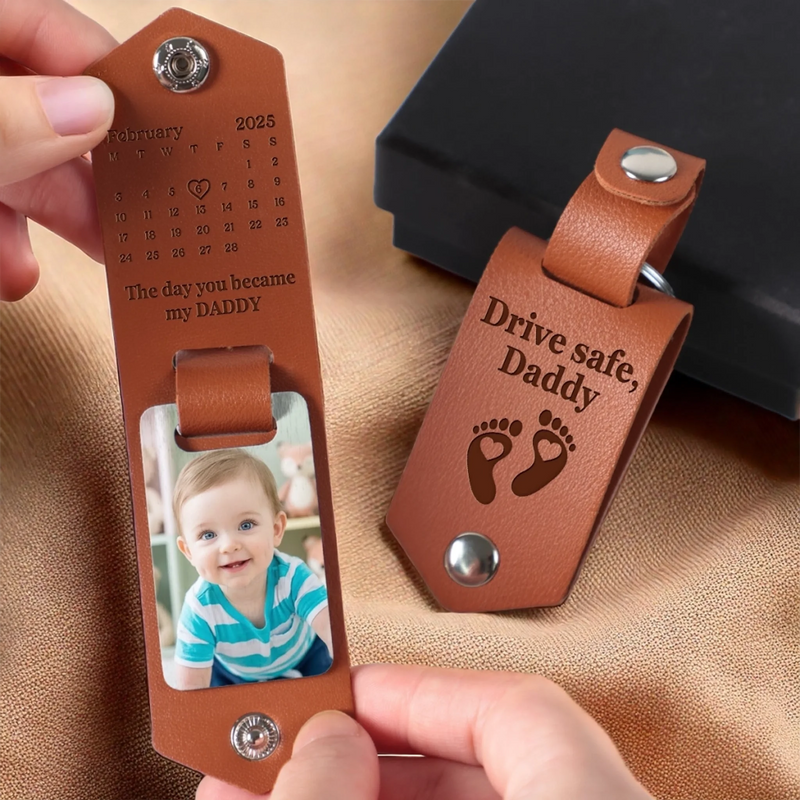 Custom Photo Engraved Leather Keychain - Personalized Baby Shower, Gender Reveal Gifts For New Moms, New Parents - Tiny Blessing Big Joy