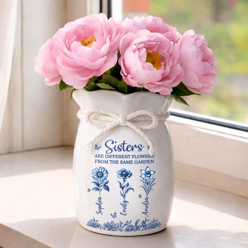 Custom Flower Vase With Ribbon - Personalized Best Friend Birthday Gifts For Women, Besties, Sisters, BFF - Sisterhood Blooms Through Every Season