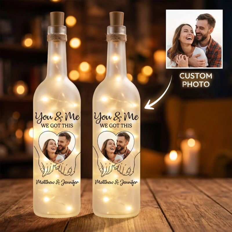 Custom Photo Bottle Lamp - Personalized Anniversary Wedding Gifts For Husband And Wife, Him And Her - Hand In Hand, We Conquer All