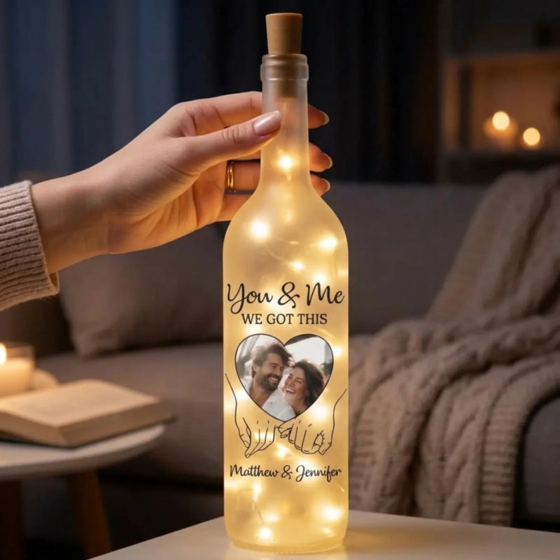 Custom Photo Bottle Lamp - Personalized Anniversary Wedding Gifts For Couple - Hand In Hand, We Conquer All