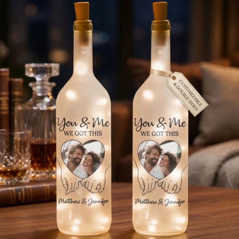 Custom Photo Bottle Lamp - Personalized Anniversary Wedding Gifts For Couple - Hand In Hand, We Conquer All