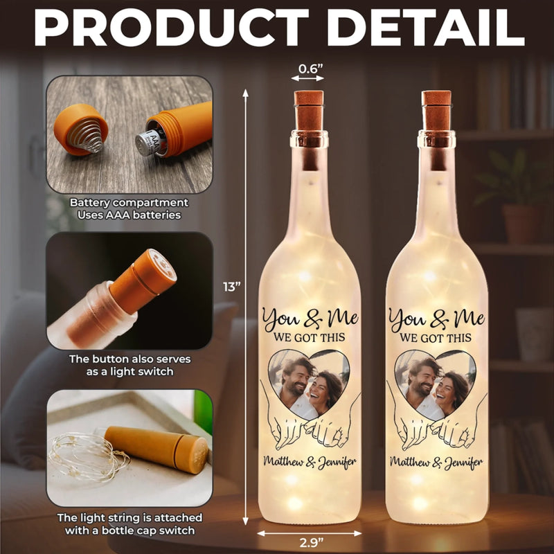 Custom Photo Bottle Lamp - Personalized Anniversary Wedding Gifts For Couple - Hand In Hand, We Conquer All