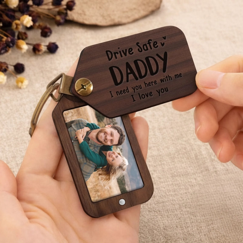 Custom Photo Wooden Keychain - Personalized Father's Day Birthday Gifts For Dad, Grandpa - Drive Safe Always